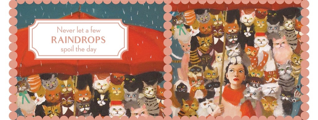 A Cat Countess Mug with an illustration of a woman surrounded by various cats, designed by Janet Hill, from New York Puzzle Company.