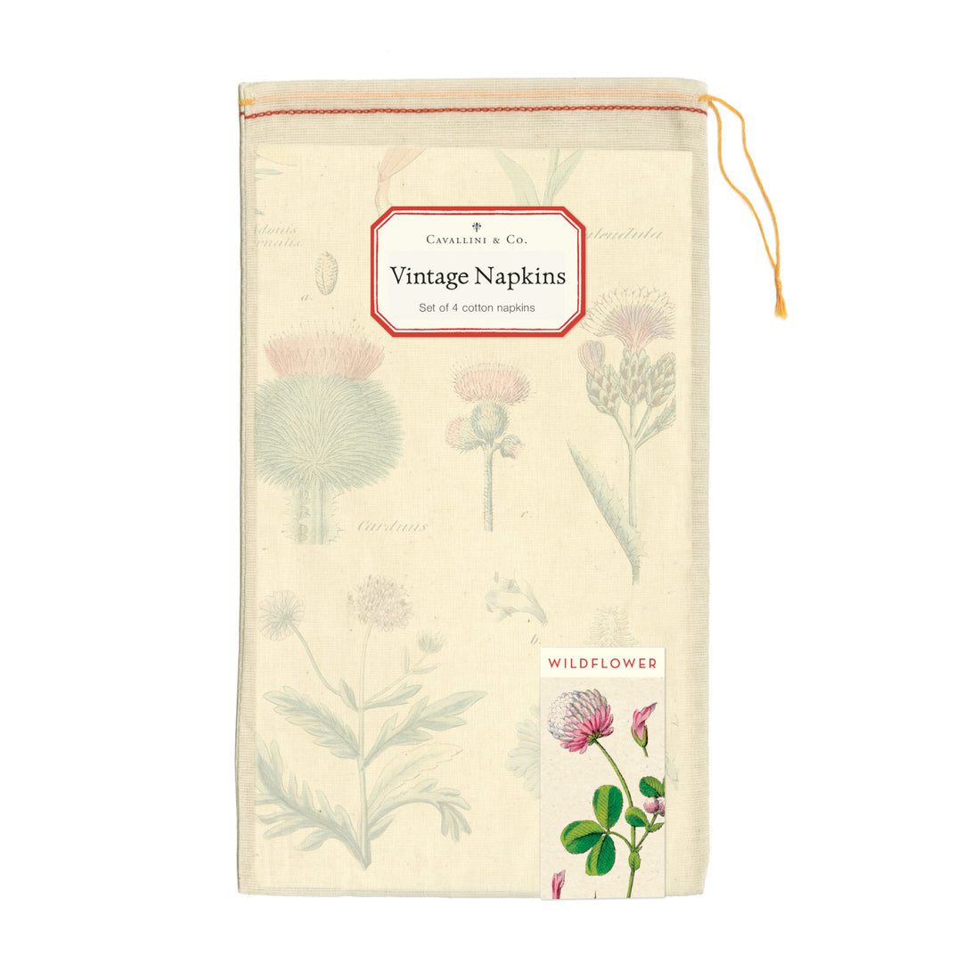The Wildflowers Cloth Napkin Set of Four in their muslin drawstring bag, by Cavallini &amp; Co.