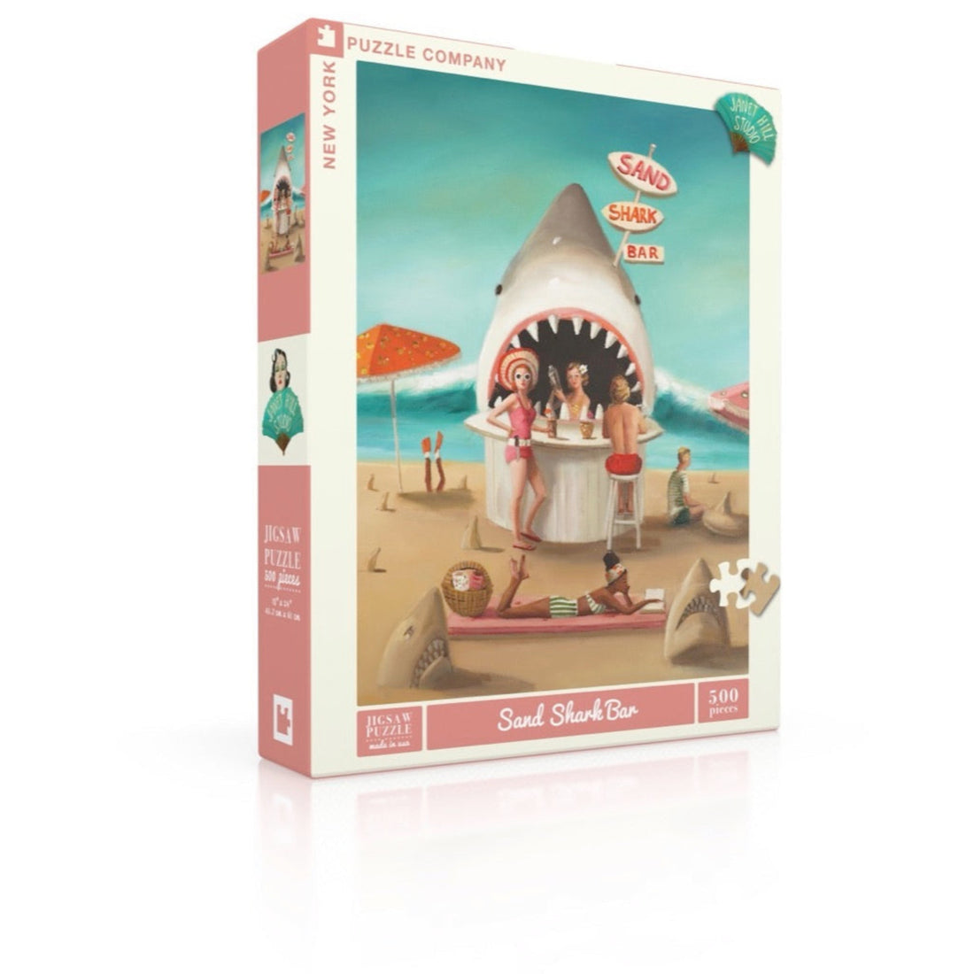 Beachgoers enjoying refreshments at a whimsical Sand Shark Bar depicted in a New York Puzzle Company jigsaw puzzle.