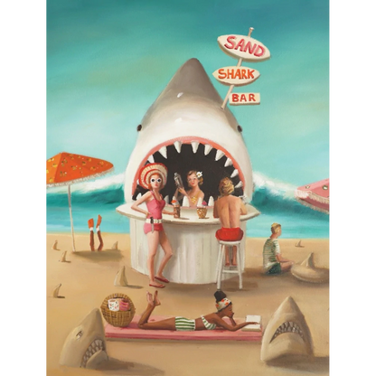 Beachgoers enjoying refreshments at a whimsical Sand Shark Bar depicted in a New York Puzzle Company jigsaw puzzle.