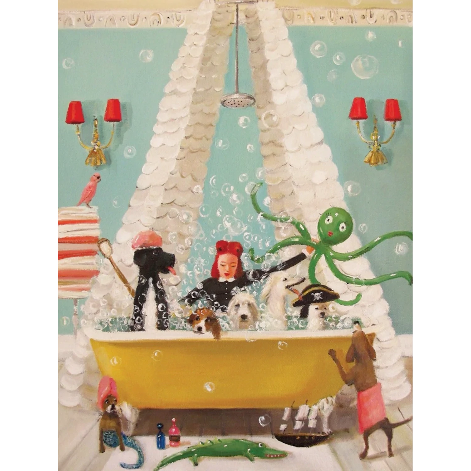 A whimsical Bubble Bath Puzzle of a yellow bathtub teeming with lively animals and a green octopus, amid soap bubbles and decorative details, designed by Janet Hill, produced by New York Puzzle Company.