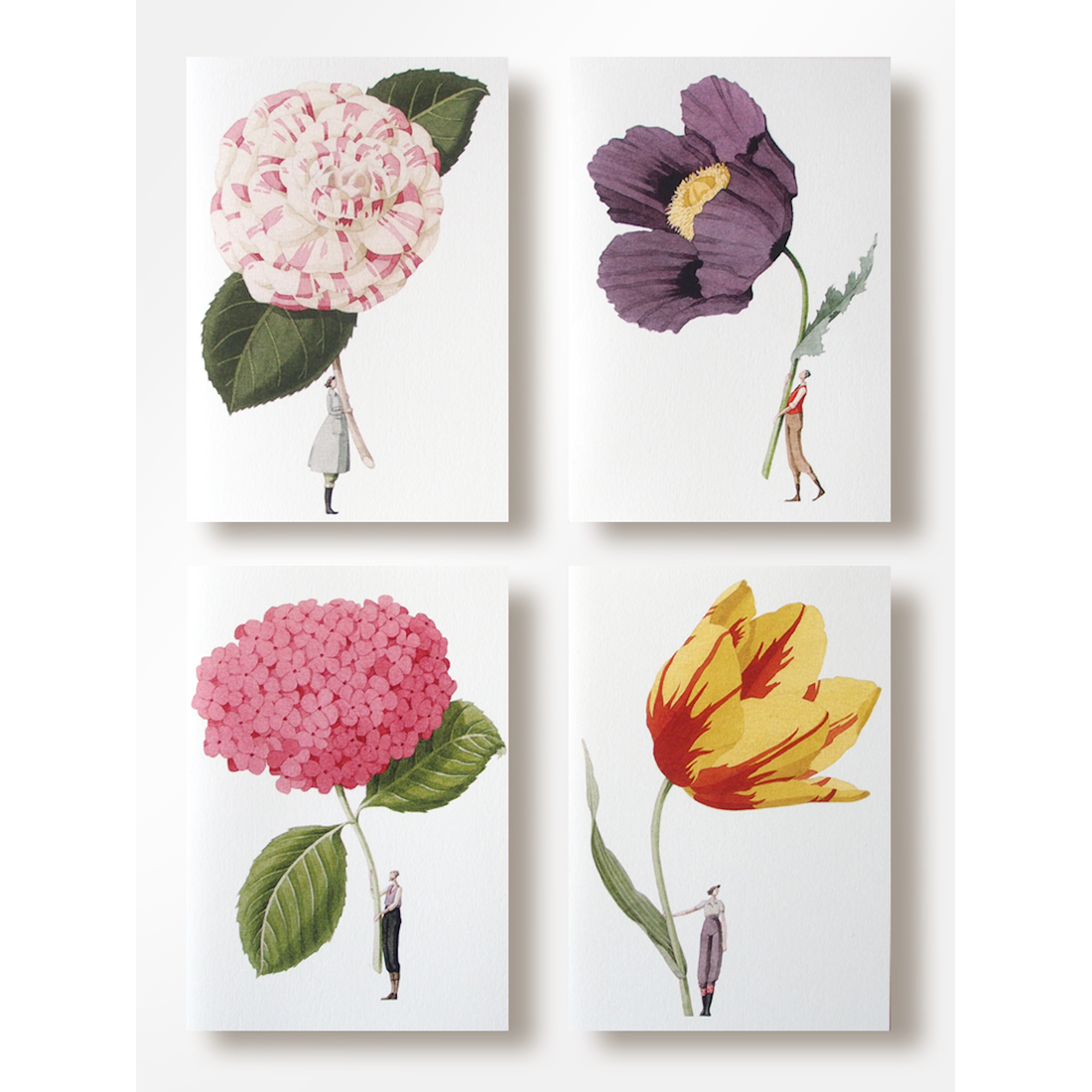 A set of four In Bloom Notecards by Laura Stoddart, each featuring a whimsical illustration of a small person holding a gigantic flower by the stem. 