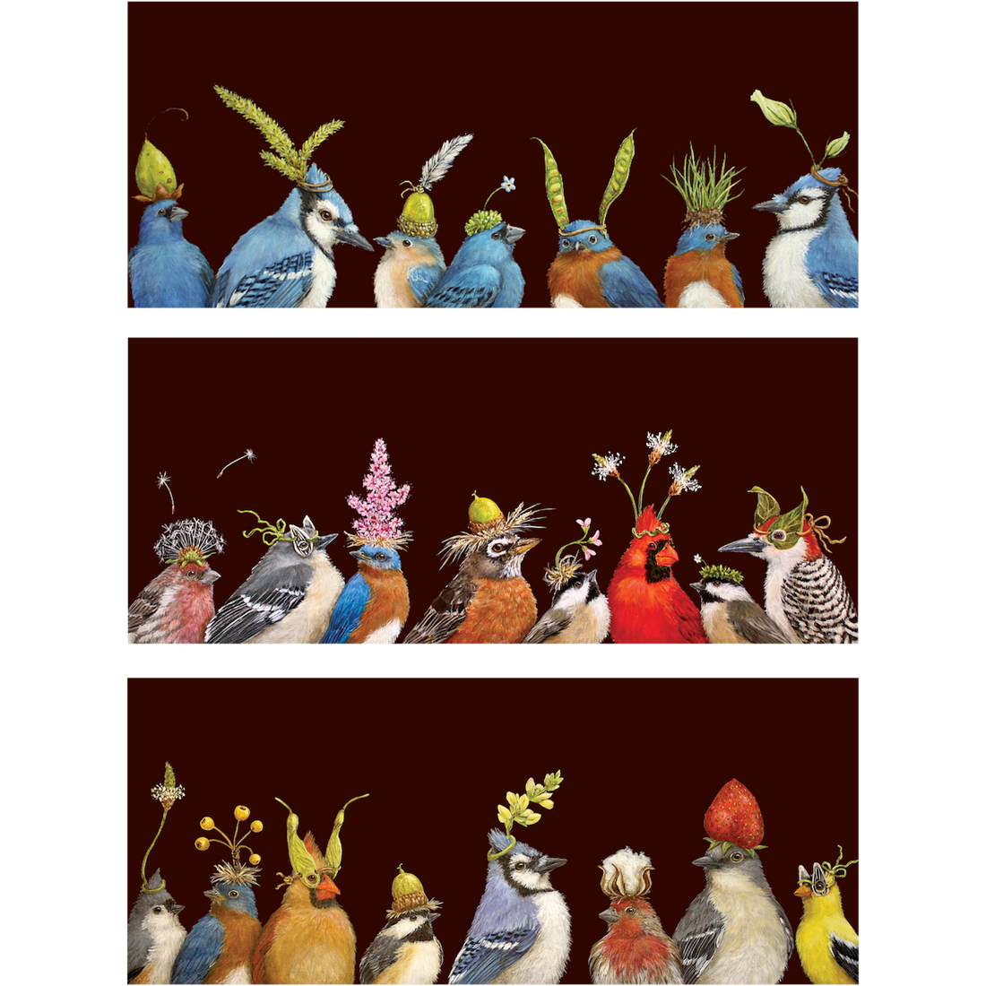 A row of colorful birds with leaves on their heads, featuring Hester &amp; Cook&