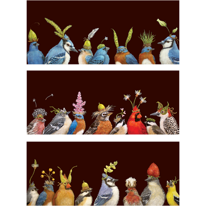 Three different long horizontal greeting cards with dark brown backgrounds, each design featuring a row of charming illustrated birds wearing various floral and botanical hats. 