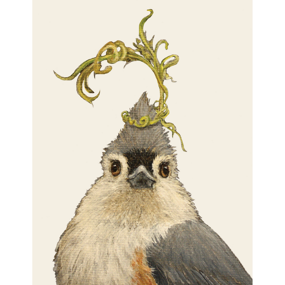 A cream greeting card featuring a charming illustration of a songbird wearing a sprig of greenery as a hat.