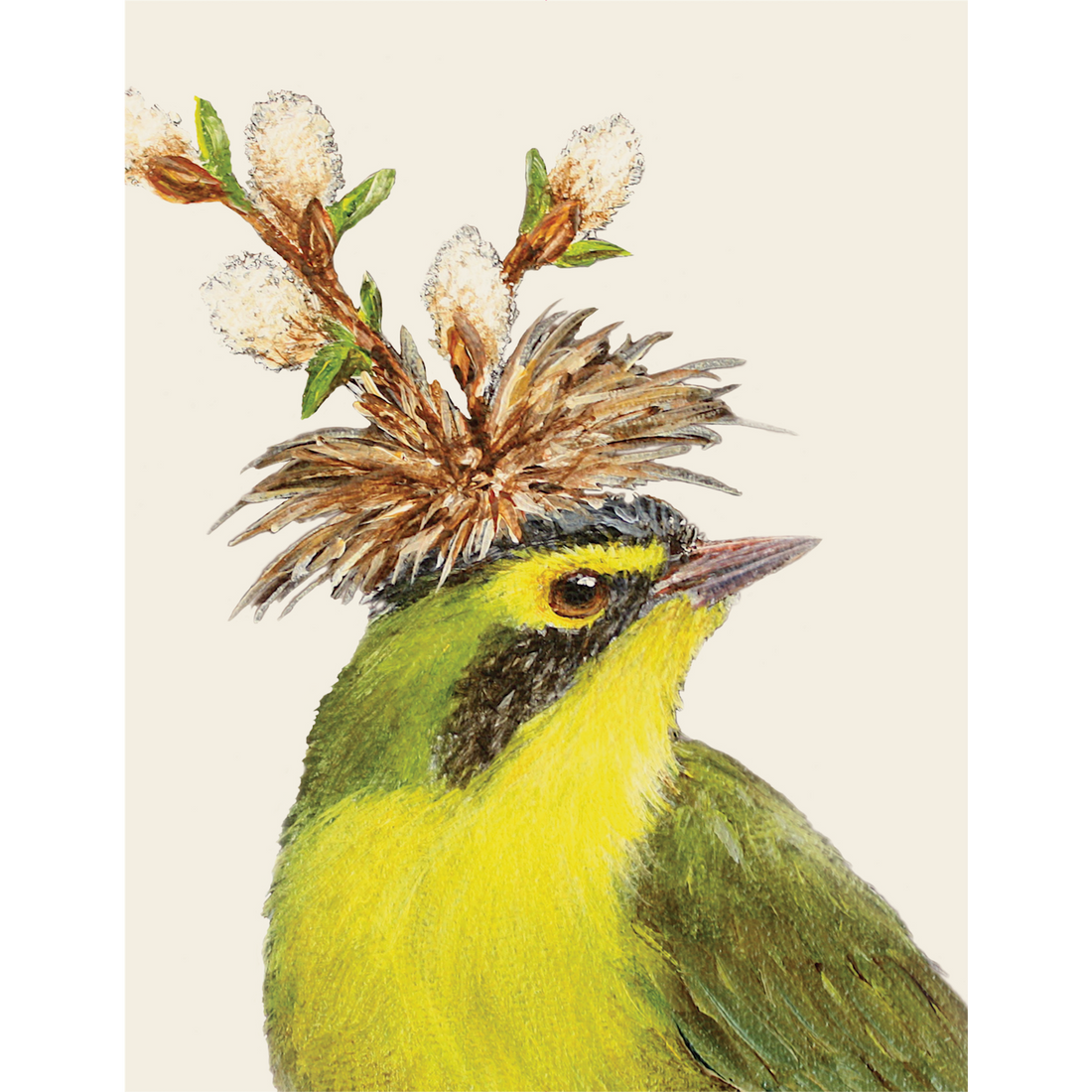 A cream greeting card featuring a charming illustration of a yellow songbird wearing a tuft of grass and white blooms as a hat. 