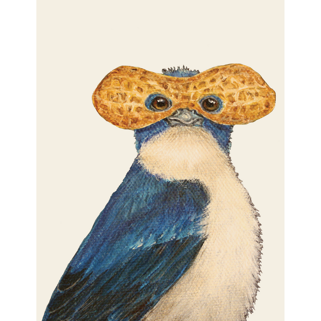 A cream greeting card featuring a funny illustration of a blue bird wearing a peanut shell as a mask.