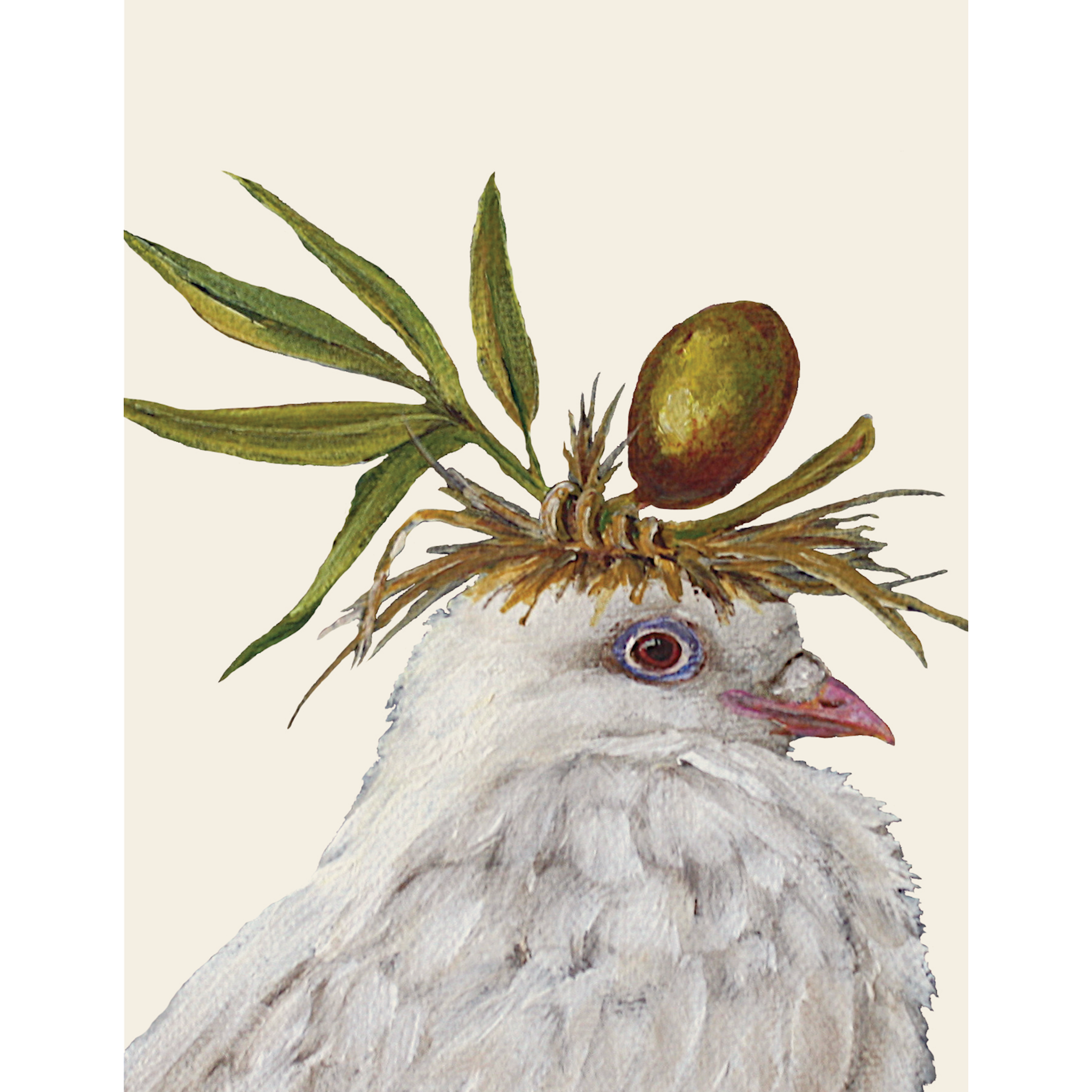 A cream greeting card featuring a charming illustration of a white dove wearing a sprig of foliage and a green olive as a hat.