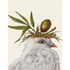 A cream greeting card featuring a charming illustration of a white dove wearing a sprig of foliage and a green olive as a hat.
