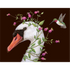 An artwork featuring a beautiful swan adorned with flowers on its head and accompanied by a graceful hummingbird, the Iris and Stanley Card by Hester & Cook.