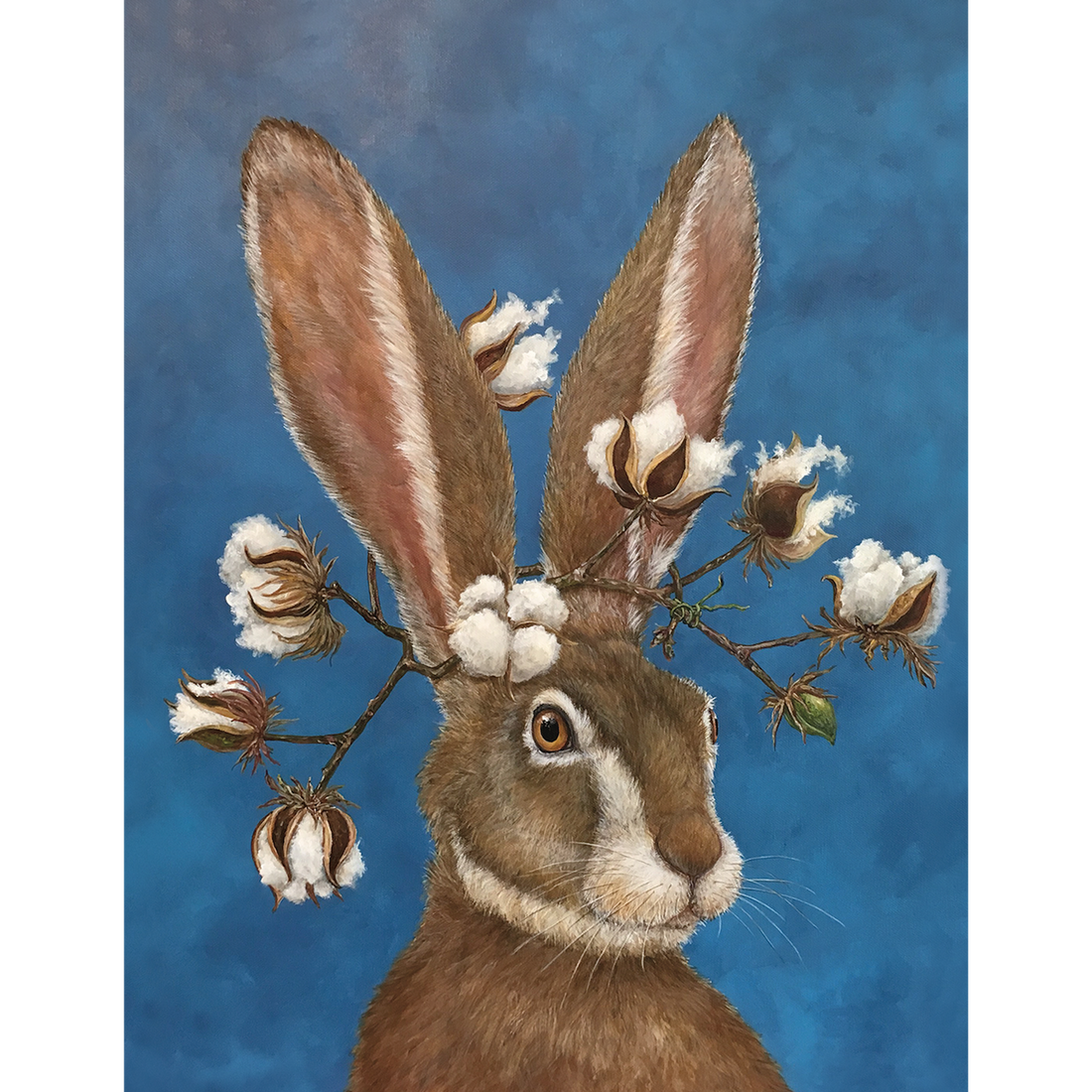 A blue greeting card featuring an illustration of a brown hare wearing a crown of cotton bowls on its head. 