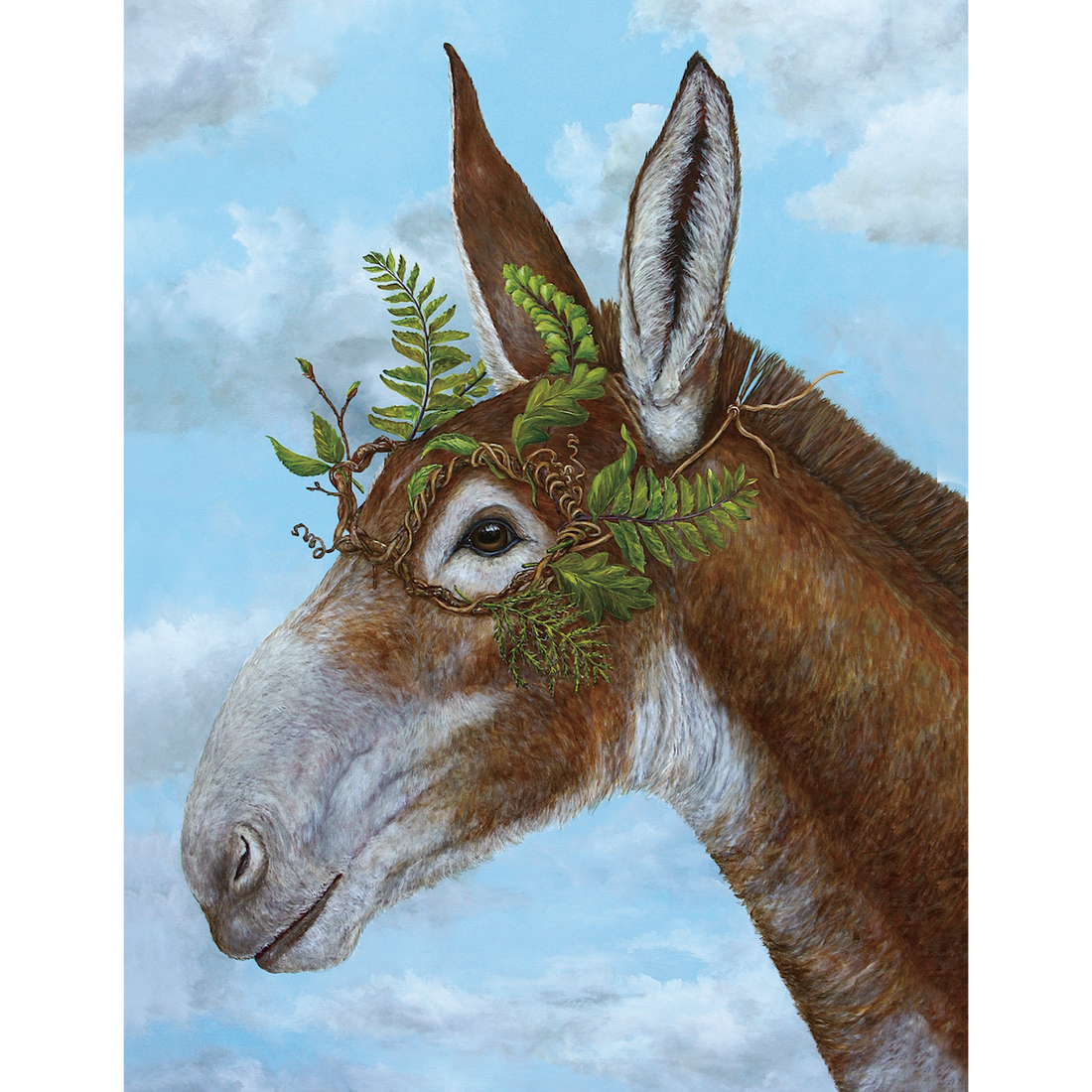A cloudy blue sky greeting card featuring a charming illustration of a brown and gray donkey wearing a mask made of twigs and greenery.