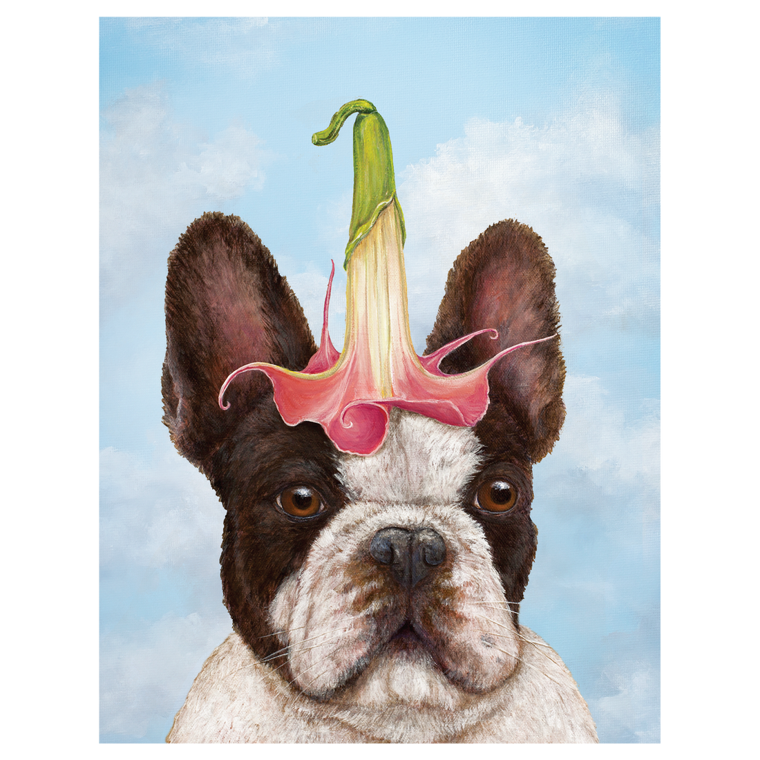 A greeting card featuring a charming illustration of a  french bulldog with a pink flower on their head, over a blue sky background.