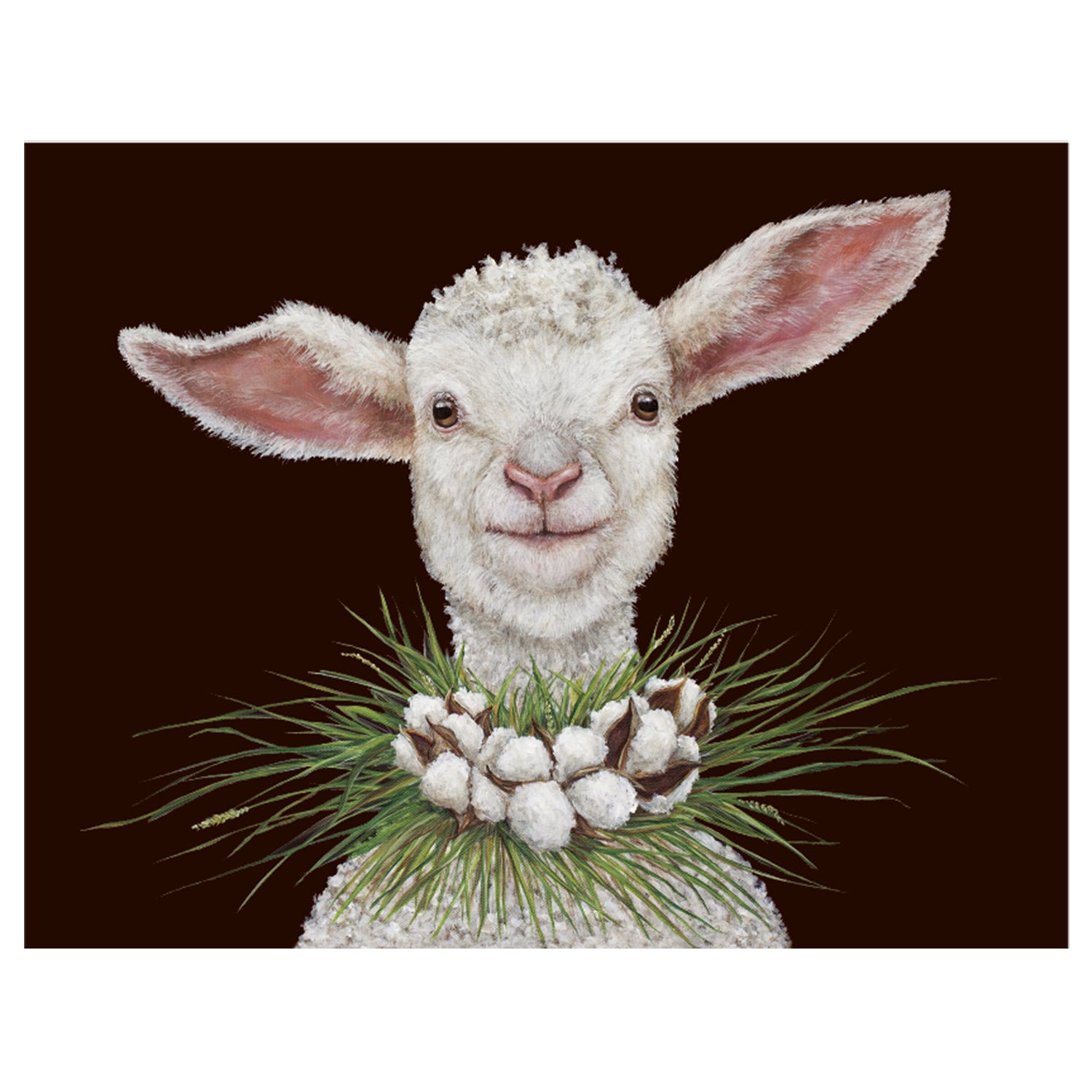 A black greeting card featuring a charming illustration of a white lamb wearing a wreath of grass and cotton bolls around their neck. 