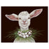A black greeting card featuring a charming illustration of a white lamb wearing a wreath of grass and cotton bolls around their neck. 