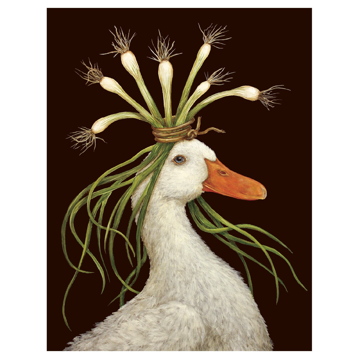 A dark brown greeting card featuring a charming illustration of a white duck wearing a headdress made of long green onions. 
