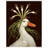 A dark brown greeting card featuring a charming illustration of a white duck wearing a headdress made of long green onions. 
