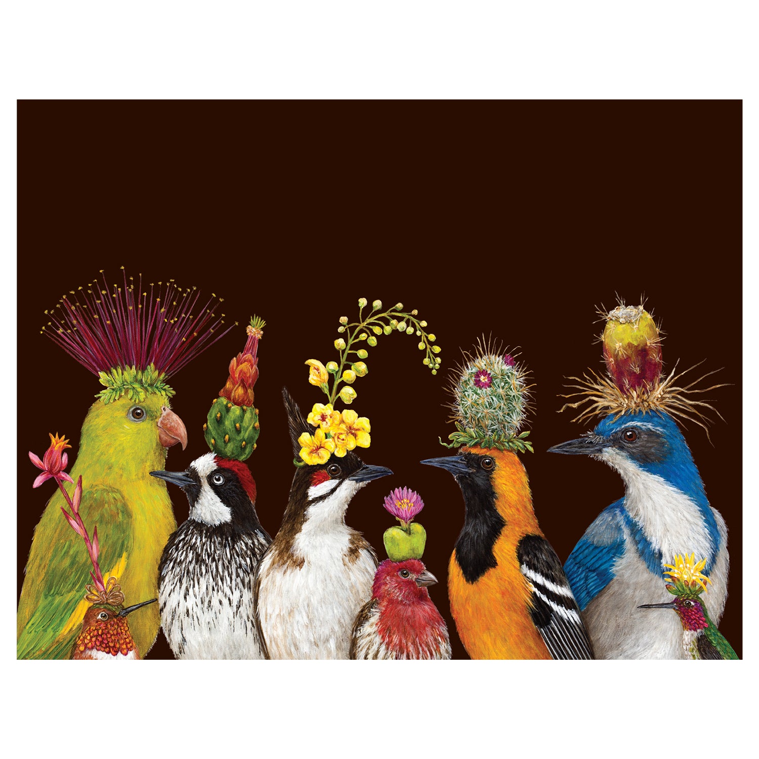 An artwork featuring a group of birds with cacti on their heads by Vicki Sawyer is displayed on the Desert Party Card by Hester &amp; Cook.