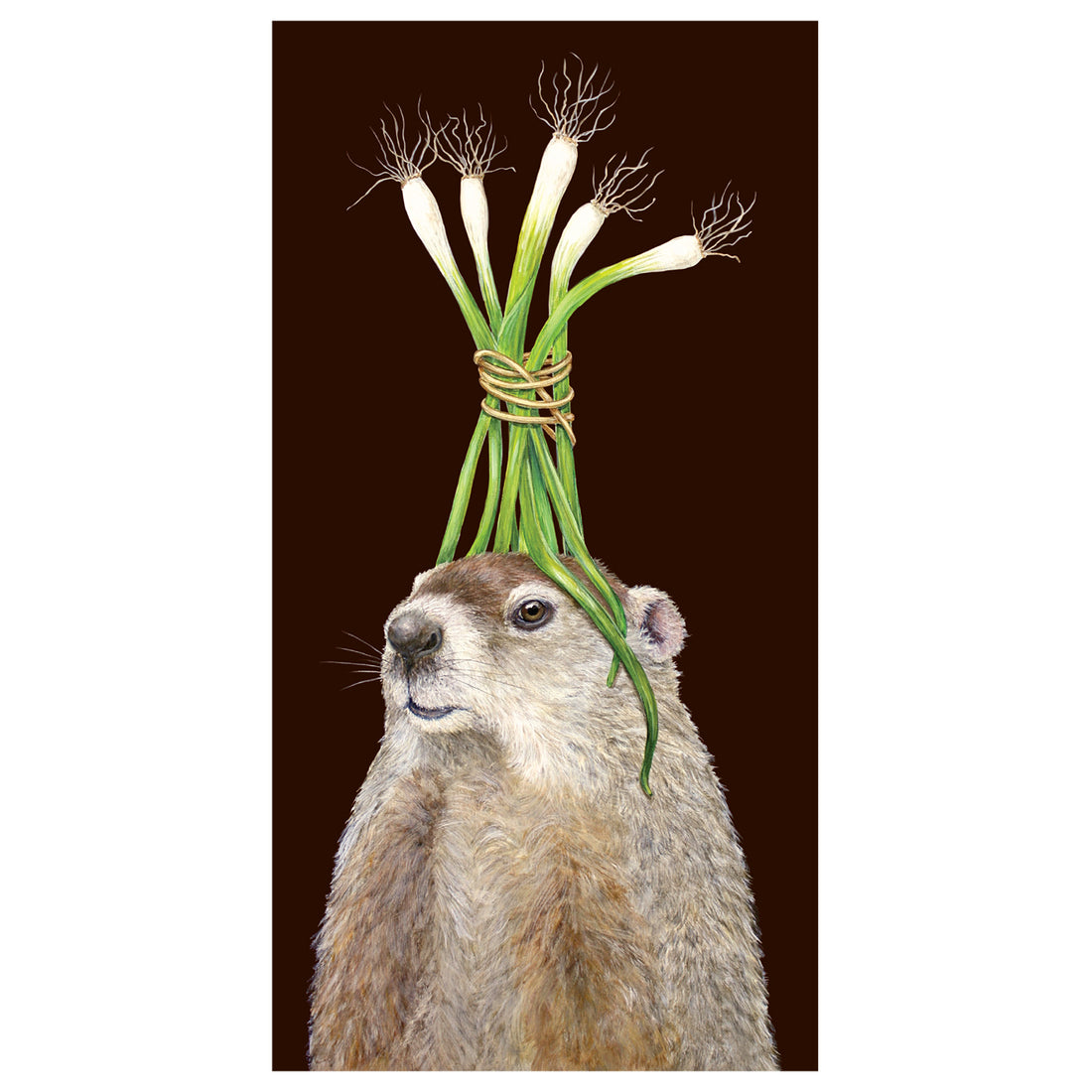 A groundhog with a bunch of onions on his head, featured in a Hester &amp; Cook Phil&