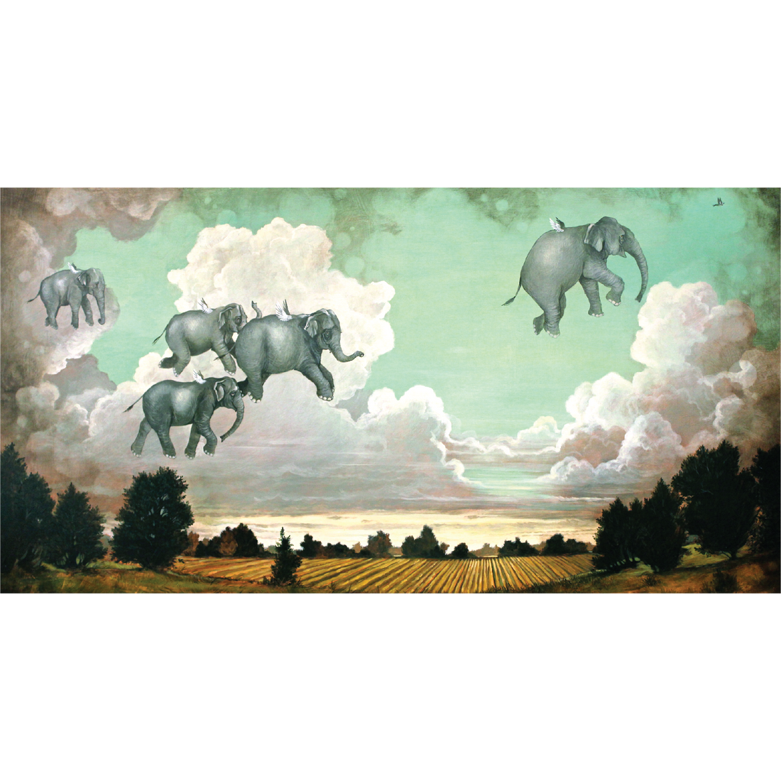 A whimsical illustration of five gray elephants flying through a cloudy teal sky with small white wings over a farm landscape.