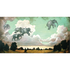 A whimsical illustration of five gray elephants flying through a cloudy teal sky with small white wings over a farm landscape.