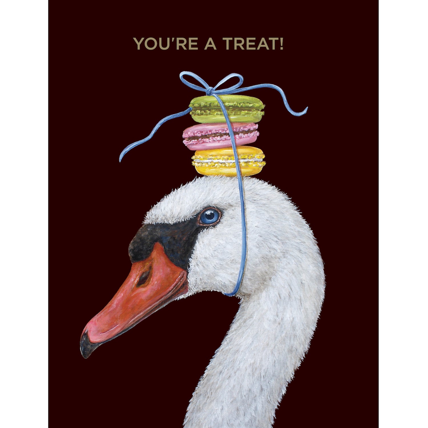 A whimsical artwork by Vicki Sawyer featuring a swan wearing the Macaroon Swan Card as a whimsical headpiece. Gold foil text across the top of the card reads, &quot;YOU ARE A TREAT!&quot;