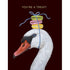 A whimsical artwork by Vicki Sawyer featuring a swan wearing the Macaroon Swan Card as a whimsical headpiece. Gold foil text across the top of the card reads, "YOU ARE A TREAT!"