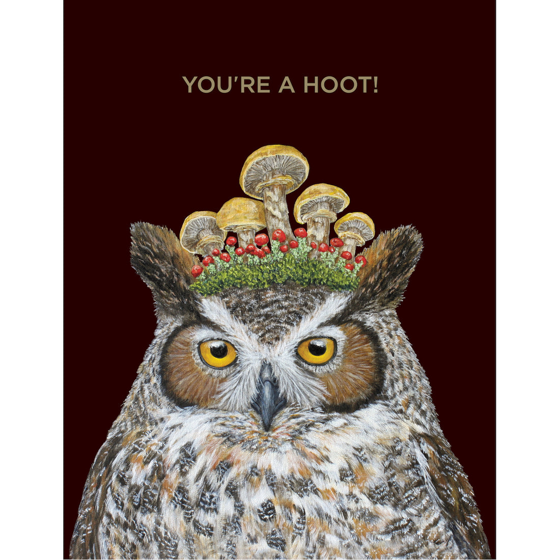 A dark brown greeting card featuring an illustration of an owl wearing a crown of botanicals and mushrooms on its head, with gold foil text reading &quot;YOU&