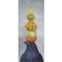 A greeting card featuring a charming illustration of a black crow with a stack of bumpy gourds on top of its head over a cloudy gray background, with the words "HELLO, GOURD-GEOUS!" printed in gold foil. 
