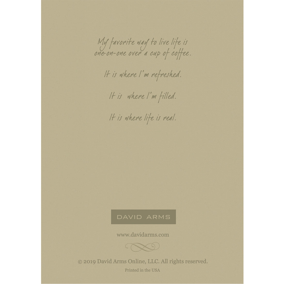The beige back side of the greeting card, featuring a quote from artist David Arms.