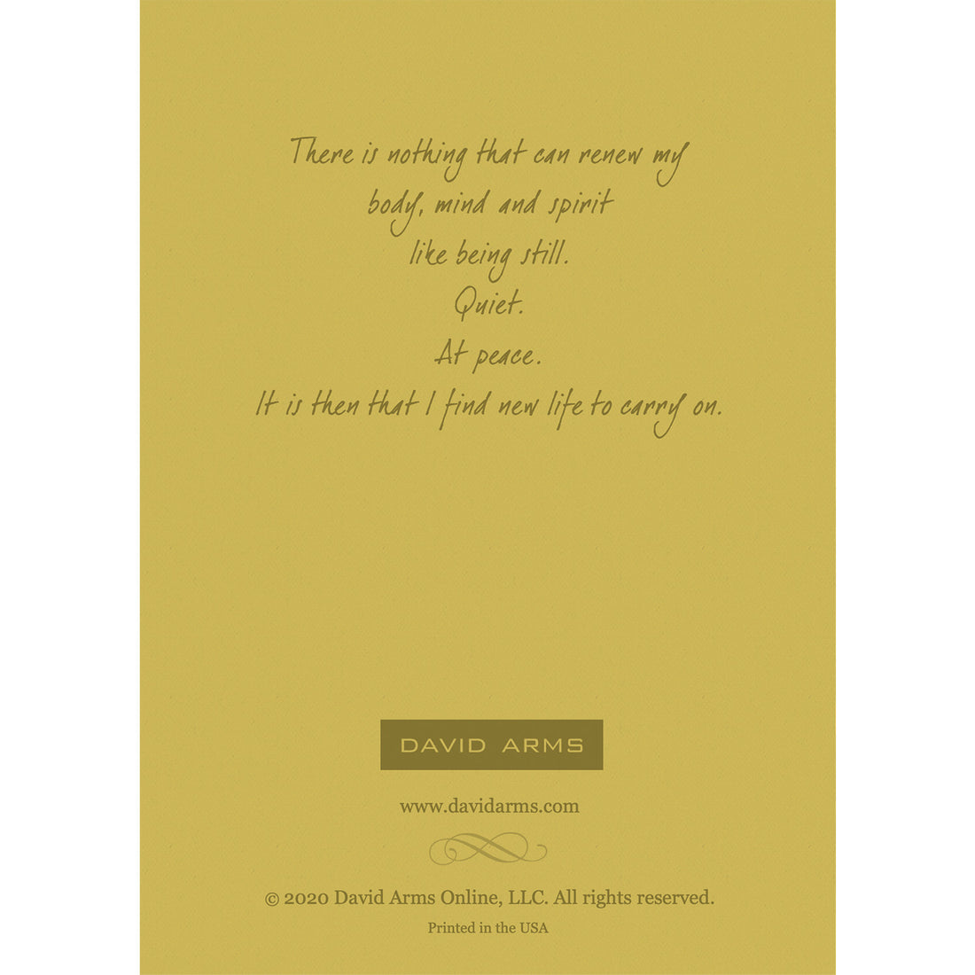 The olive green back side of the greeting card, featuring a quote from artist David Arms.