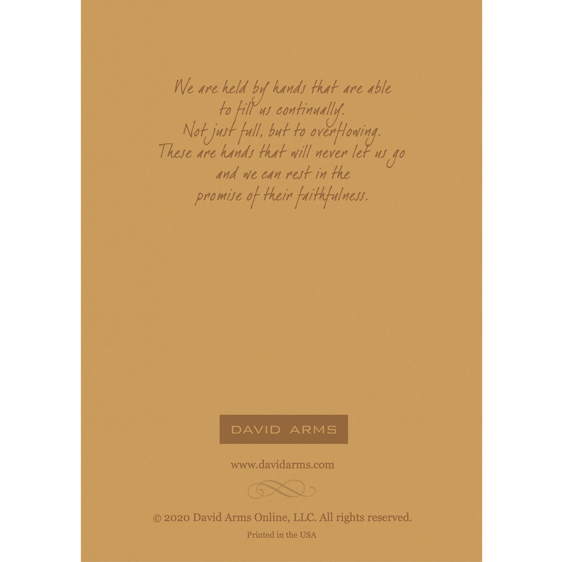 The tan back side of the greeting card, featuring a quote from artist David Arms.