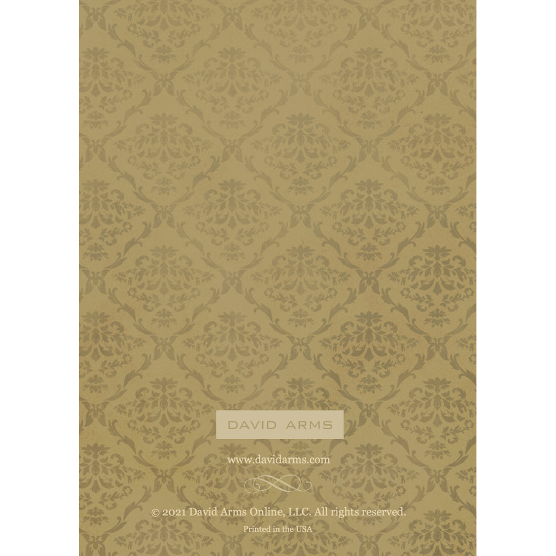 The back side of the greeting card, featuring a gold damask pattern on a brown background, created by David Arms.