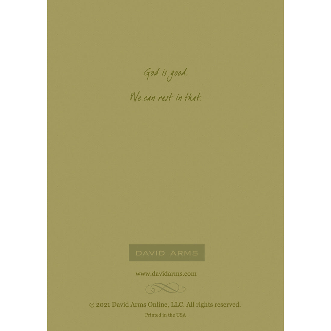 The pale green back side of the greeting card featuring a quote from artist David Arms.
