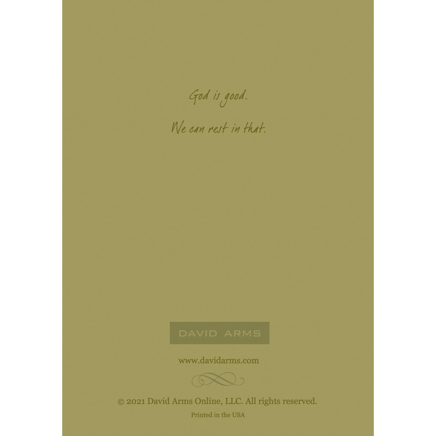 The pale green back side of the greeting card featuring a quote from artist David Arms.
