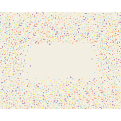 A cream paper runner with multi color confetti dots scattered around the perimeter, with an open area in the middle for a personalized message.