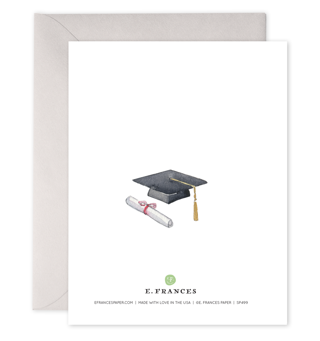 Back of E.Frances card with illustration of a diploma and a graduation cap. 
