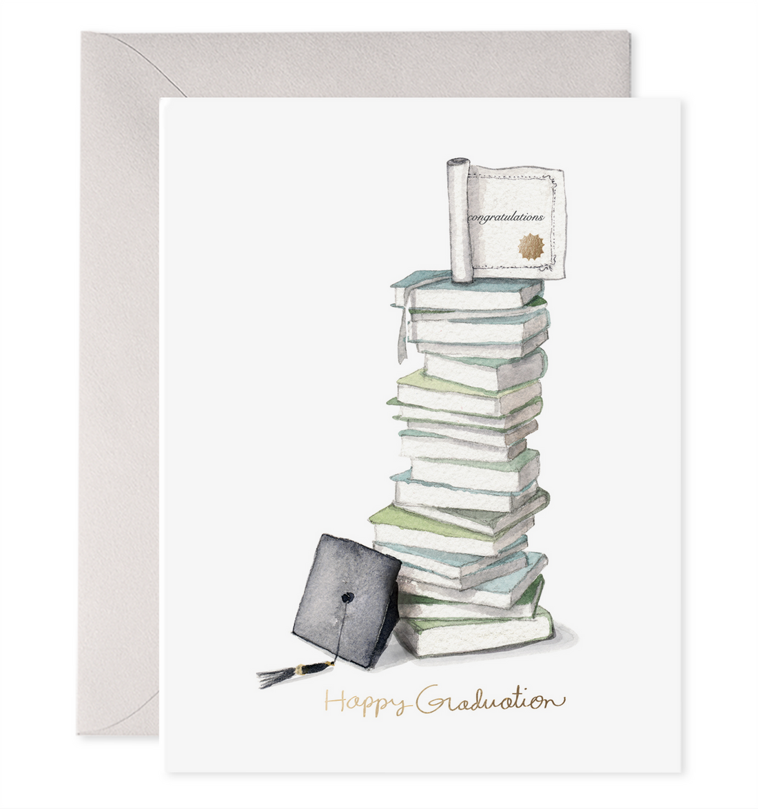 Greeting card with the illustration of a stack of books with a diploma at the top that says Happy Graduation by E.Frances. 