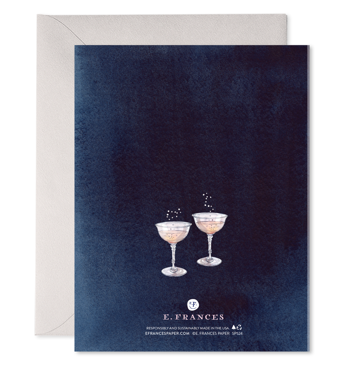 A happy birthday E. Frances Flying Cork Card with a bottle of champagne, crafted on heavyweight paper.