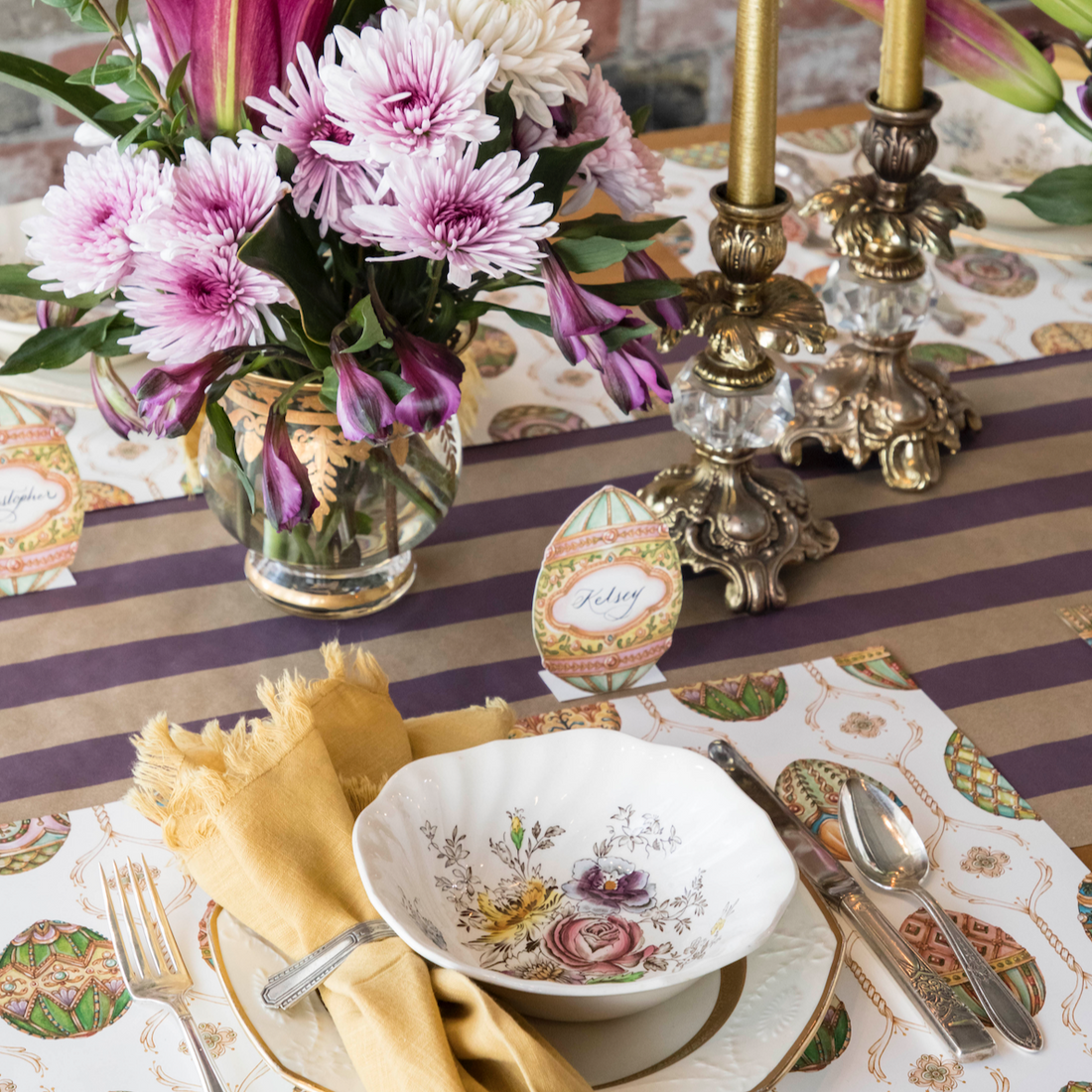 An elegant table setting with a Hester &amp; Cook Kraft Purple Stripe Runner, perfect for entertaining.