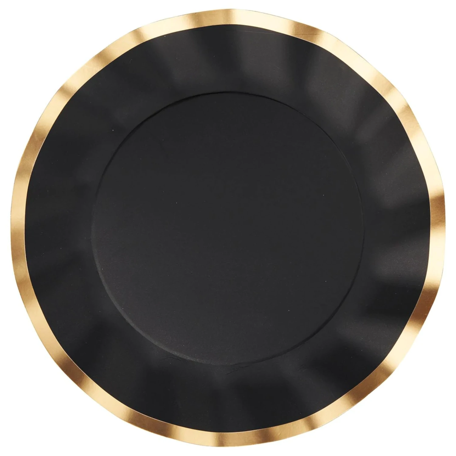 Black Wavy Paper Plates with gold trim and ruffled edge by Sophistiplate.
