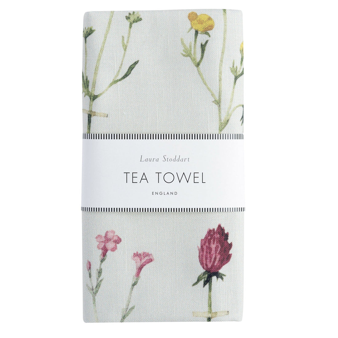 The Laura Stoddart Tea Towel in retail packaging, folded neatly and wrapped in a white belly band. 