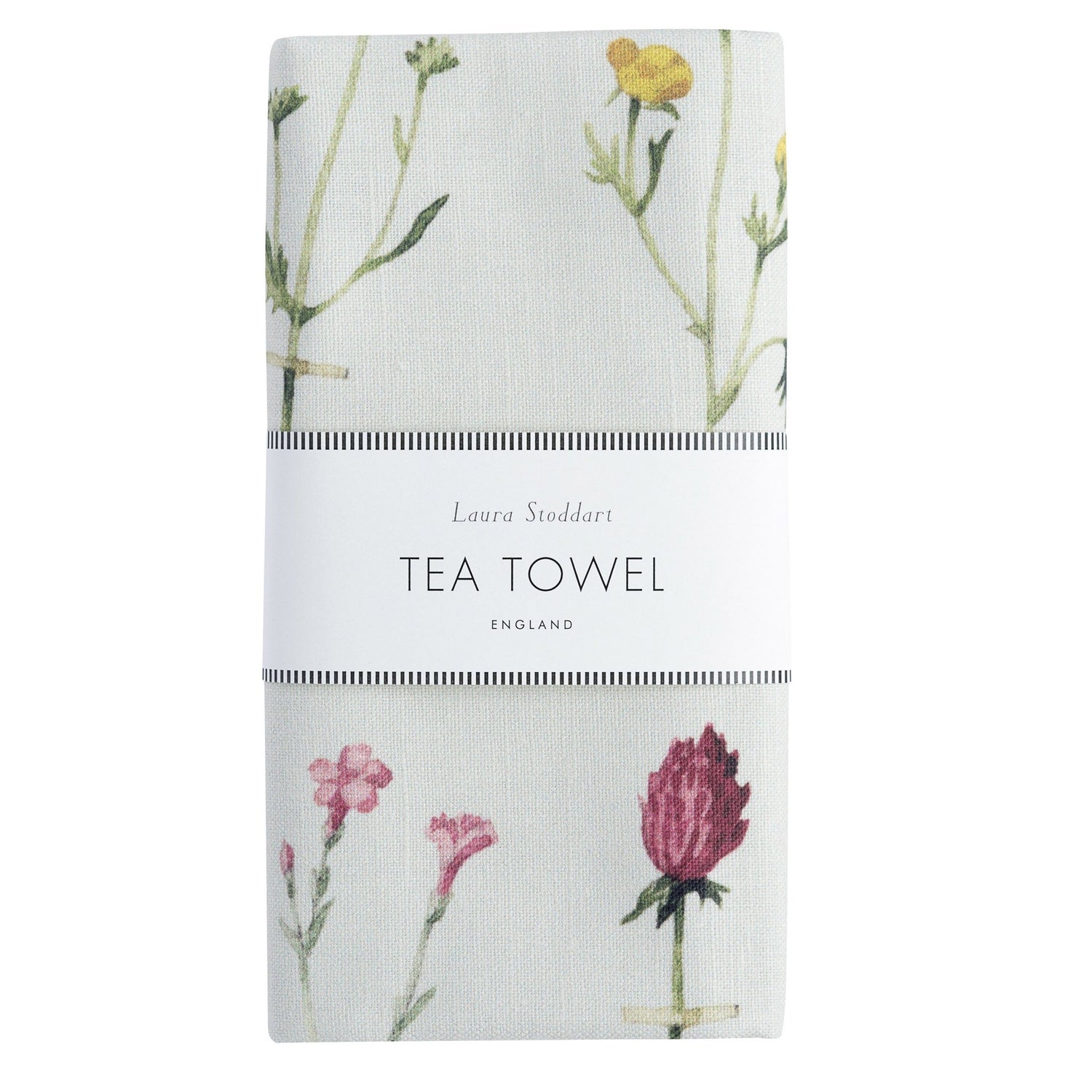 The Laura Stoddart Tea Towel in retail packaging, folded neatly and wrapped in a white belly band. 