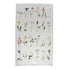 A pale green tea towel featuring a grid of illustrated wildflowers, with a man and woman holding gardening tools standing amongst the flowers. 