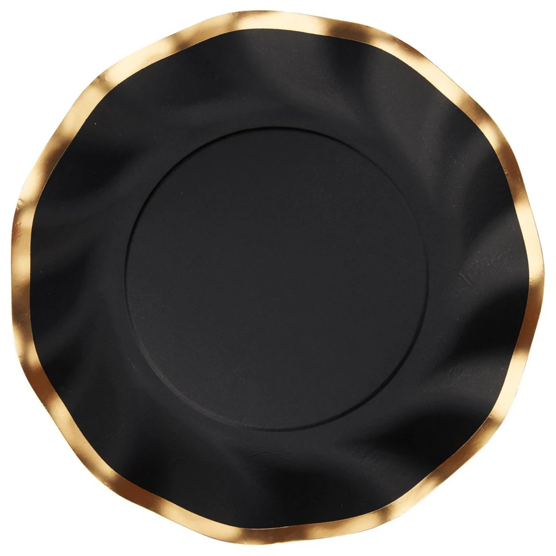 Black Wavy Paper Plates with gold trim and ruffled edge by Sophistiplate.