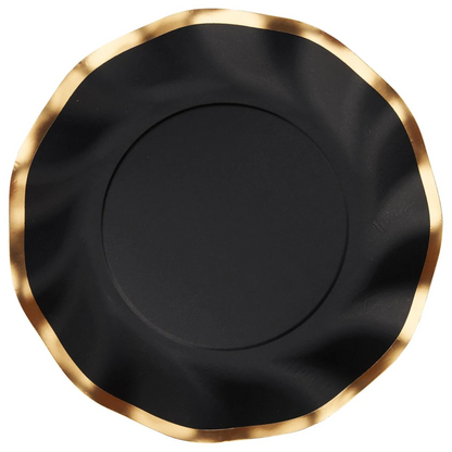 Black Wavy Paper Plates with gold trim and ruffled edge by Sophistiplate.