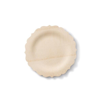 A Veneerware Fancy Bamboo Plate with a scalloped edge from Bambu Wholesale.