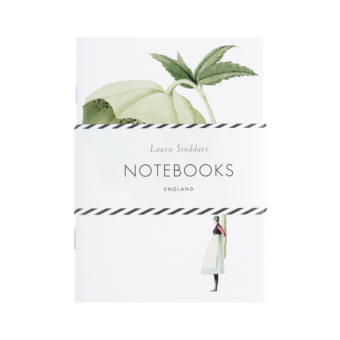 The In Bloom Notecards in retail packaging, showing an illustration of a woman holding a gigantic green flower, wrapped with a belly band. 