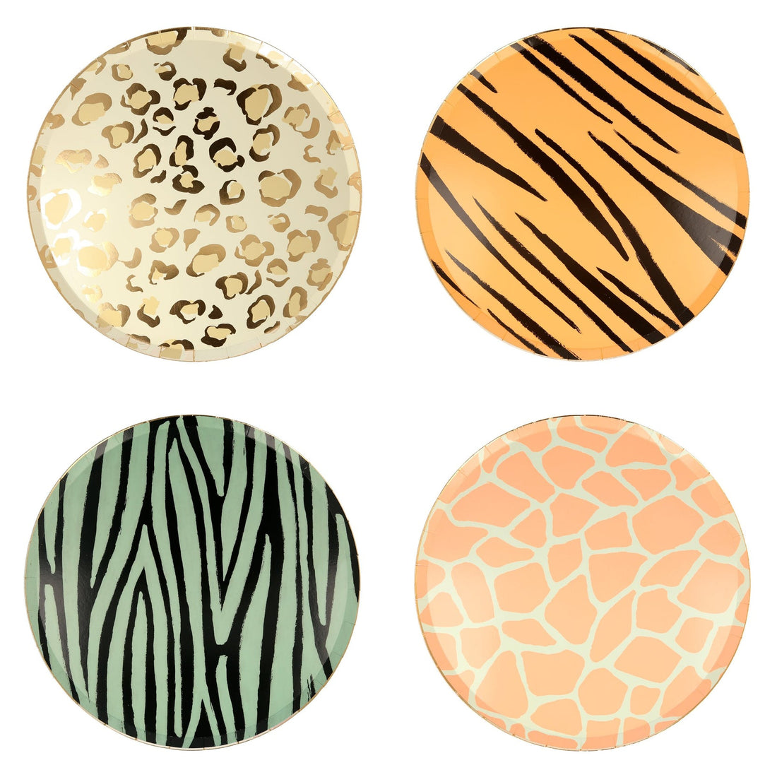 A set of four Safari Animal Print Plates by Meri Meri with a zebra animal print and gold foil detail on them.