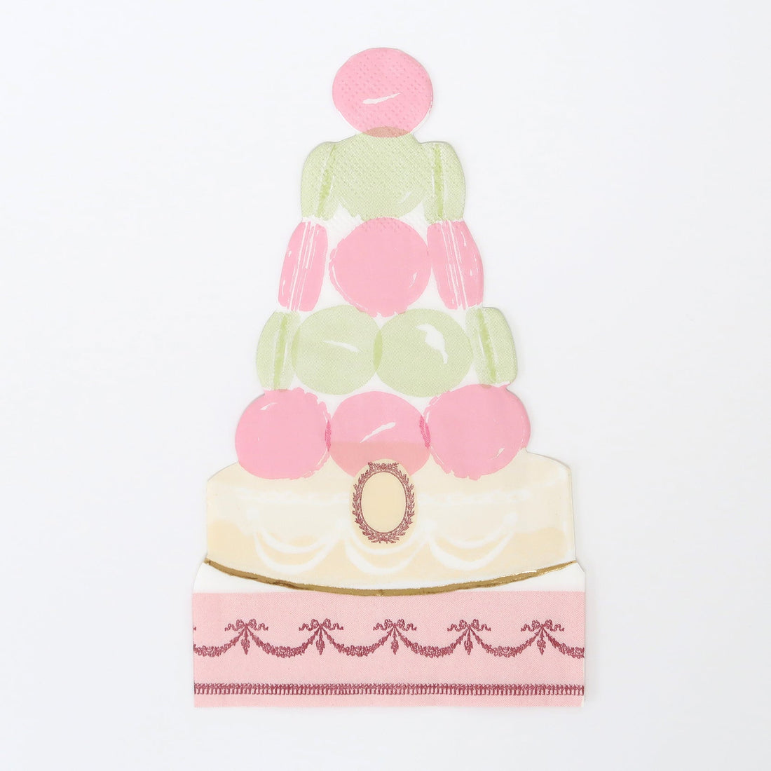 An image of a Meri Meri Ladurée Paris Macaron Pyramid Napkins, elegantly embellished with gold foil.